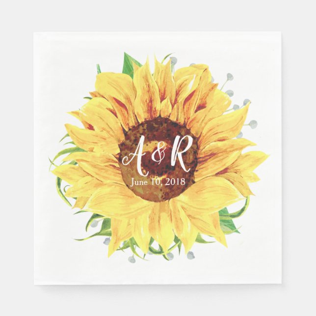 Yellow Sunflower Monogram Wedding Paper Napkins (Front)