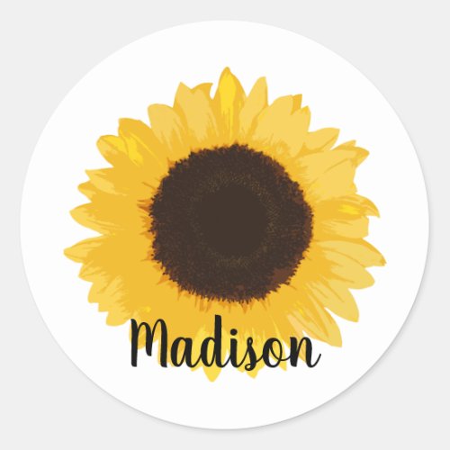 Yellow Sunflower Name Classic Round Sticker