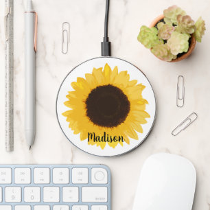 Yellow Sunflower Name Personalized Wireless Charger