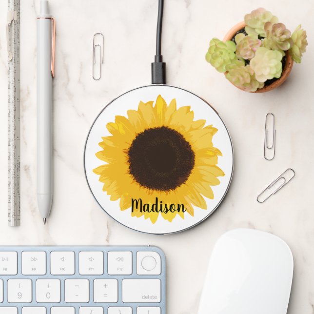 Yellow Sunflower Name Personalized Wireless Charger (Desk)