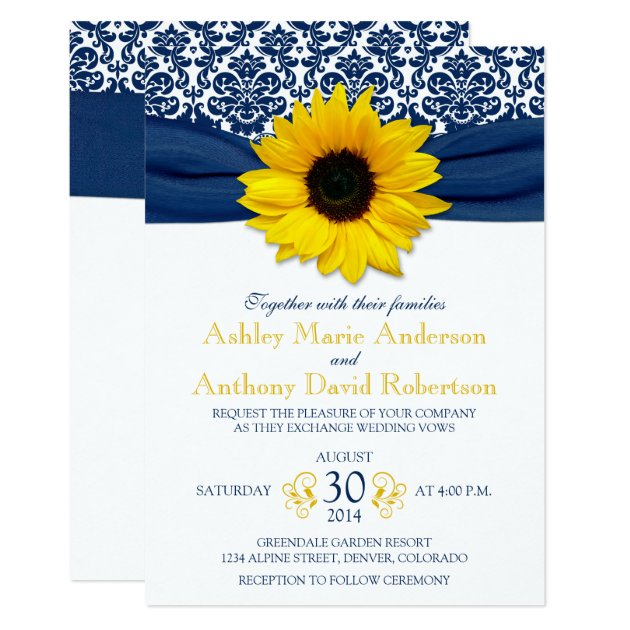 Yellow Sunflower Navy Blue Damask Ribbon Wedding Invitation