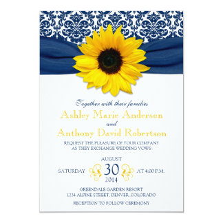 Yellow Sunflower Navy Blue Damask Ribbon Wedding Card