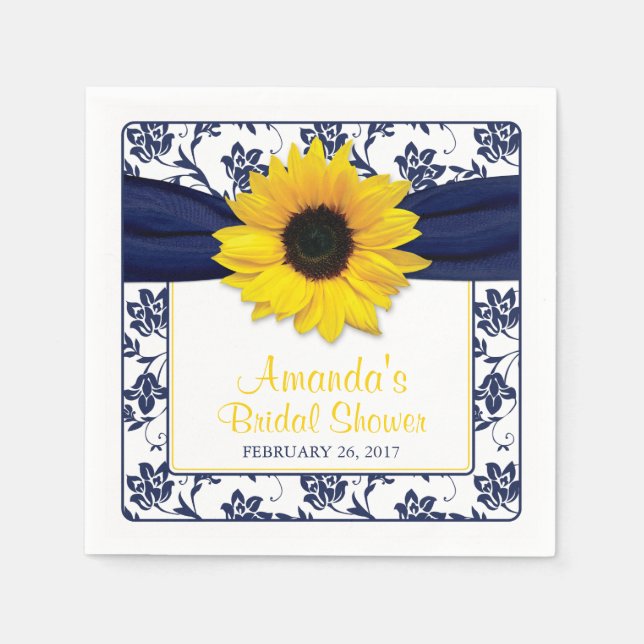 Yellow Sunflower Navy Blue Personalized Wedding Paper Napkins (Front)