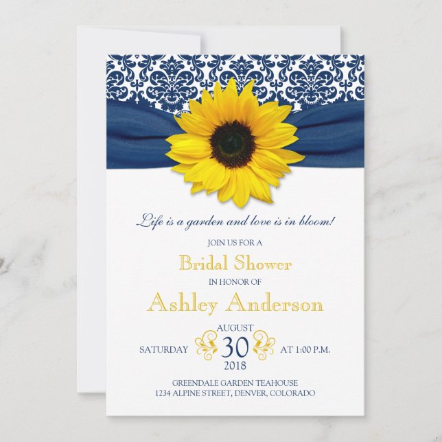 Yellow Sunflower Navy Damask Bridal Shower Invite (Front)