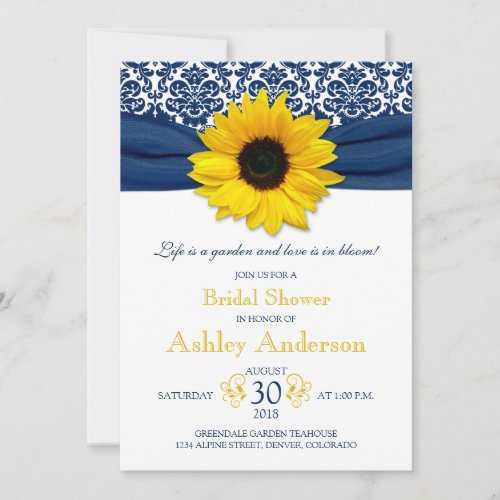 Yellow Sunflower Navy Damask Bridal Shower Invite