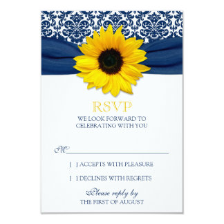 Yellow Sunflower Navy Damask Ribbon Wedding RSVP Card