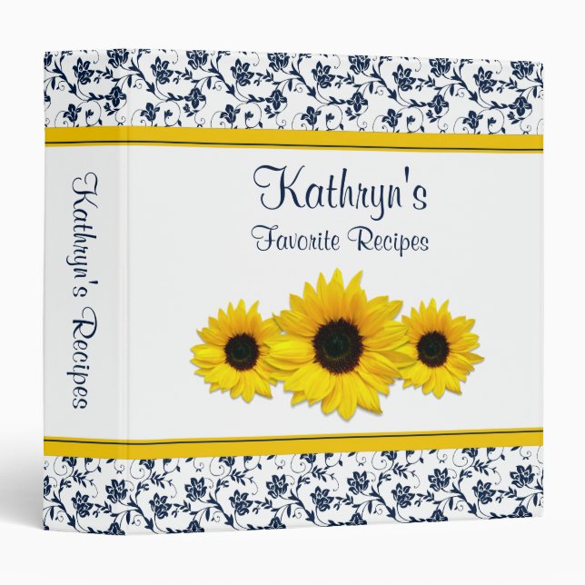 Yellow Sunflower Navy White Damask Recipe Binder (Front/Spine)