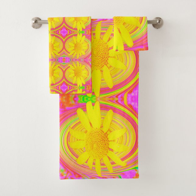 Yellow Sunflower on a Psychedelic Swirl Bath Towel Set (Insitu)