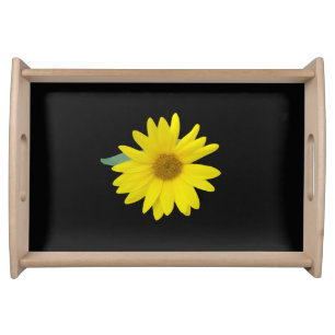 Yellow Sunflower on black background Serving Tray