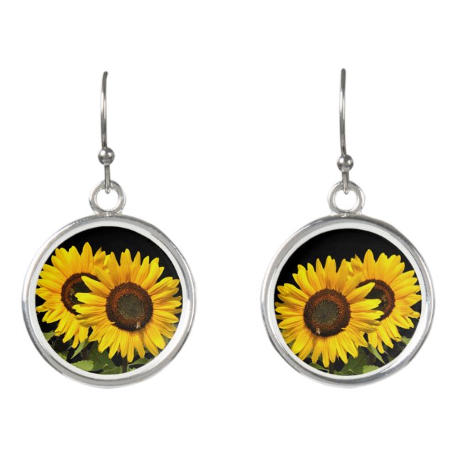 Yellow Sunflower on Black Floral  Earrings (Front)