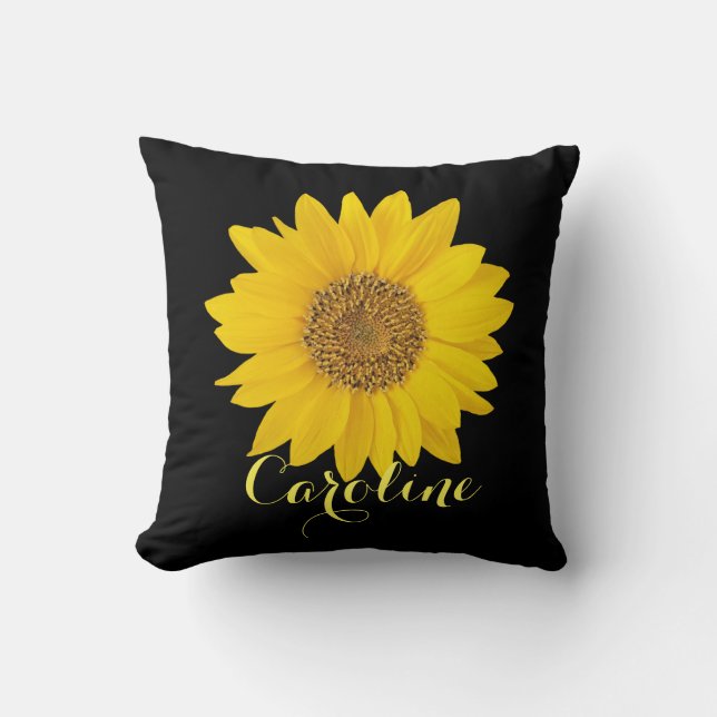 Yellow Sunflower on Black with Custom Name Throw Pillow (Front)