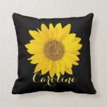 Yellow Sunflower on Black with Custom Name Throw Pillow