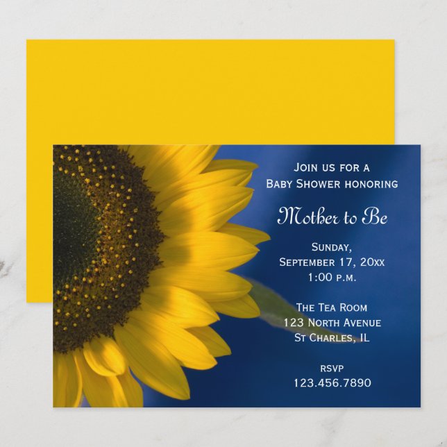 Yellow Sunflower on Blue Baby Shower Invitation (Front/Back)