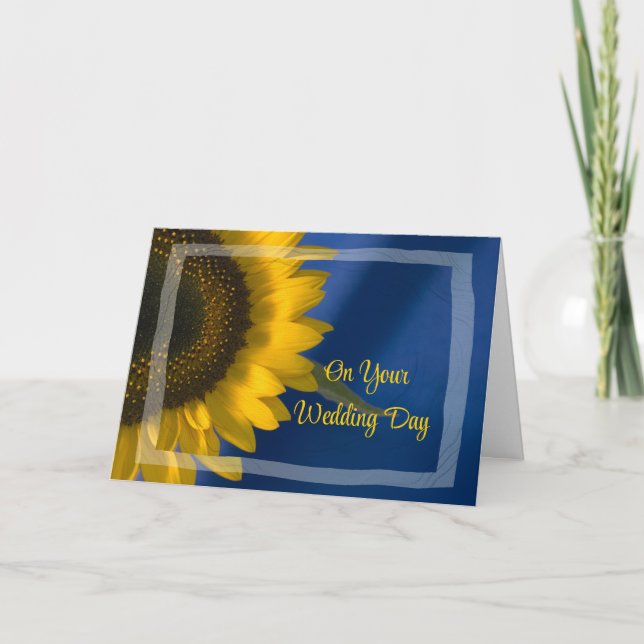 Yellow Sunflower on Blue Blended Family Wedding Card (Front)