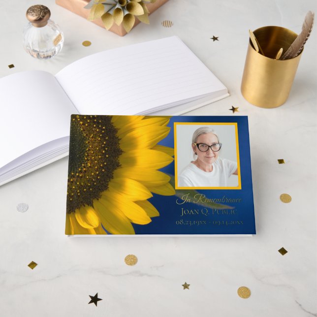 Yellow Sunflower on Blue Celebration of Life  Foil Guest Book (Front Open)