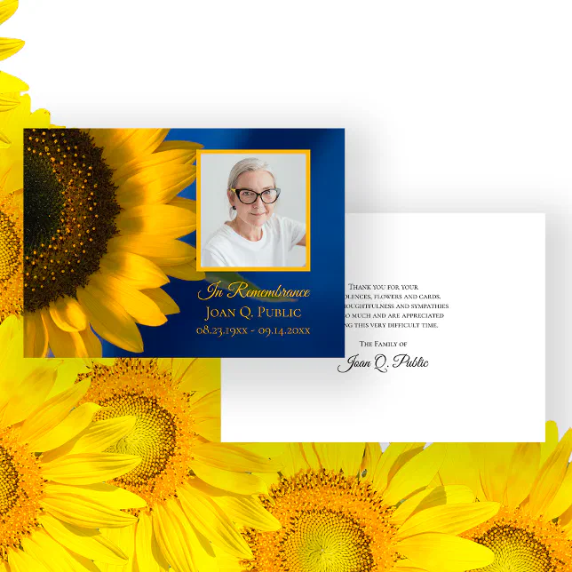 Yellow Sunflower on Blue Funeral Memorial Sympathy Thank You Card | Zazzle