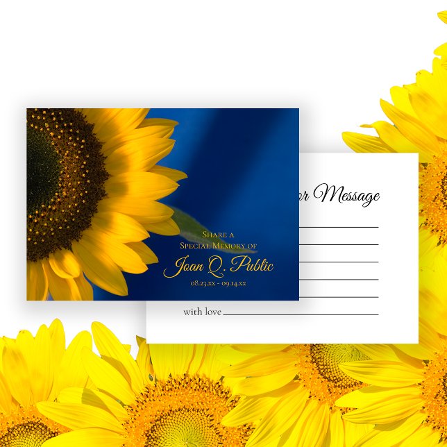 Yellow Sunflower on Blue Share a Memory Funeral  Note Card (Creator Uploaded)