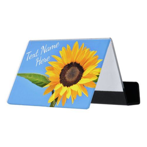 Yellow Sunflower on Blue Sky _ Your Text  Name Desk Business Card Holder