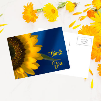 Yellow Sunflower On Blue Thank You Postcard by loraseverson at Zazzle