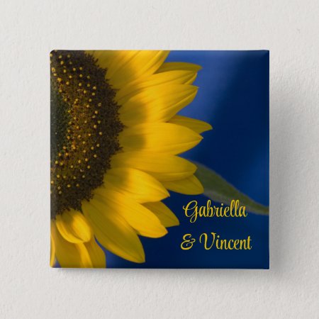 Yellow Sunflower On Blue Wedding Button