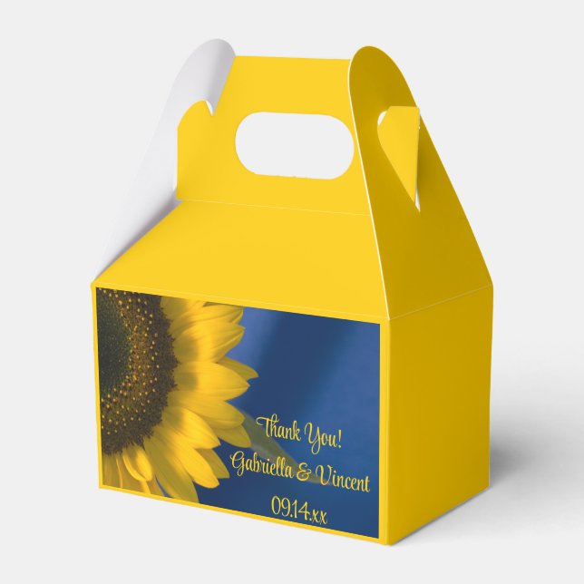 Yellow Sunflower on Blue Wedding Favor Boxes (Front Side)