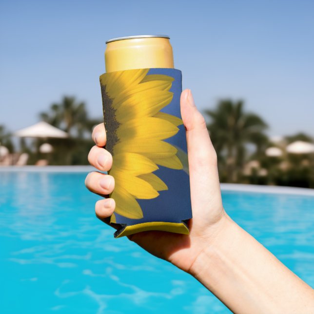 Yellow Sunflower on Blue Wedding Favor Seltzer Can Cooler (In Situ Pool)