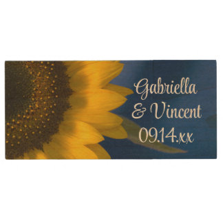 Yellow Sunflower on Blue Wedding Favor Wood Flash Drive