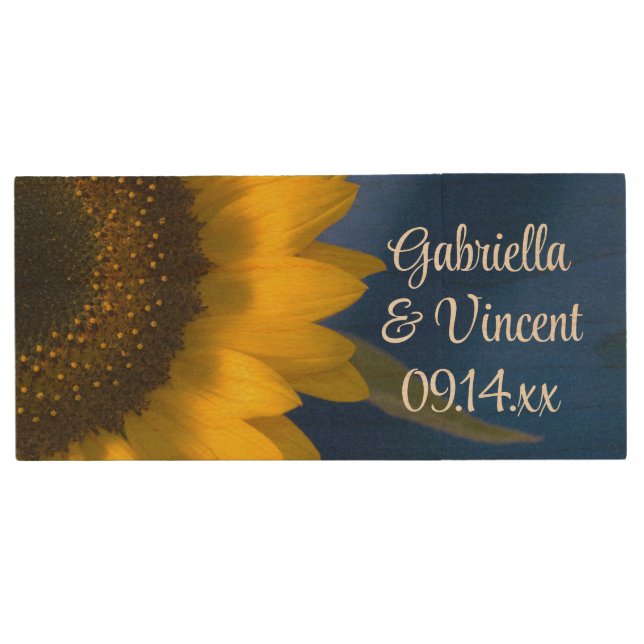 Yellow Sunflower on Blue Wedding Favor Wood Flash Drive (Front)