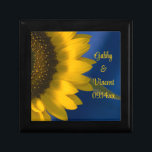 Yellow Sunflower on Blue Wedding Gift Box<br><div class="desc">Customize the pretty Yellow Sunflower on Blue Wedding Photo Gift Box with the personal names of the bride and groom and summer or fall marriage ceremony date. Create a personalized keepsake gift for the newlyweds or a thank you gift for your wedding attendants, bridesmaids and bridal party. This beautiful custom...</div>