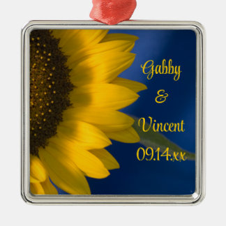 Yellow Sunflower on Blue Wedding Metal Ornament