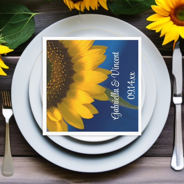 Yellow Sunflower on Blue Wedding Paper Napkins (Creator Uploaded)