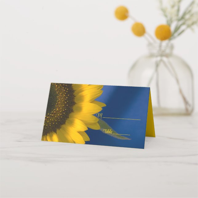 Yellow Sunflower on Blue Wedding Place Card (Front)