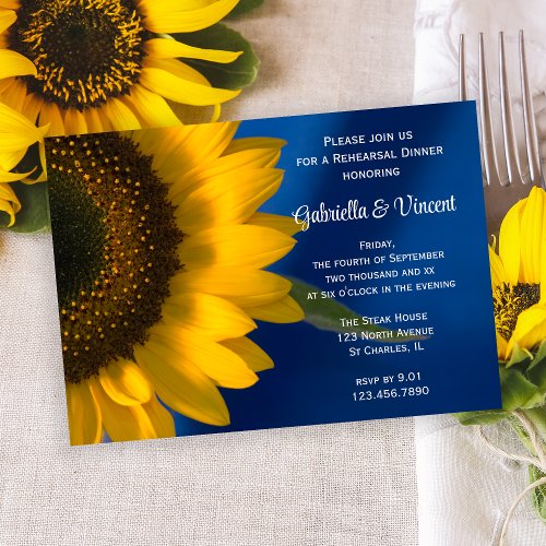 Yellow Sunflower on Blue Wedding Rehearsal Dinner Invitation