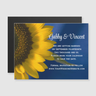 Yellow Sunflower on Blue Wedding Save the Date Magnetic Invitation