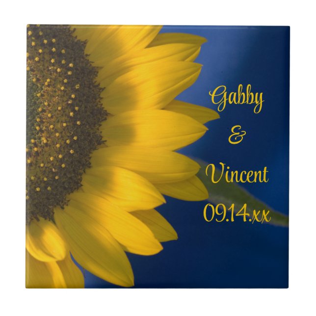 Yellow Sunflower on Blue Wedding Tile (Front)