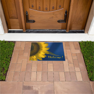 Yellow Sunflower on Blue Welcome Doormat