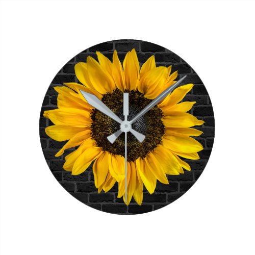 yellow sunflower on brick wall round clock