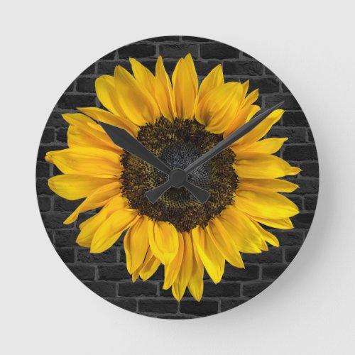 yellow sunflower on brick wall round clock