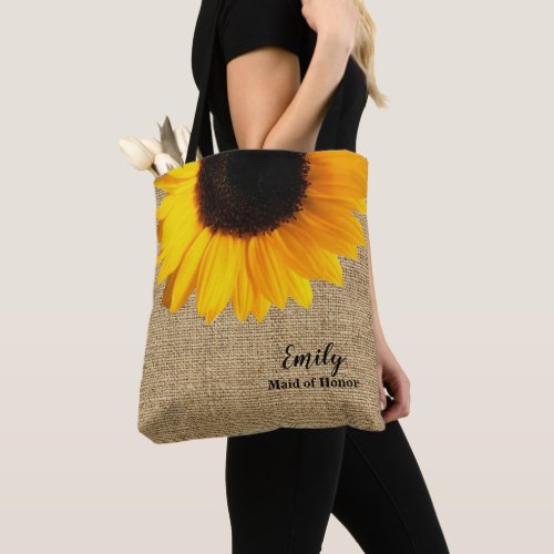 Yellow Sunflower on Burlap Wedding Party Tote Bag