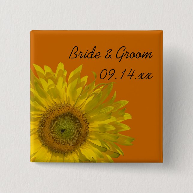 Yellow Sunflower on Orange Wedding Button (Front)