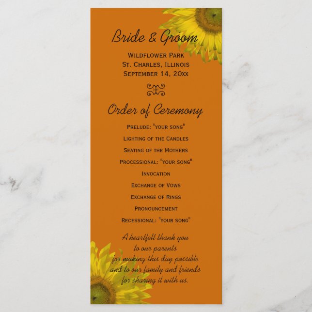 Yellow Sunflower on Orange Wedding Program (Front)