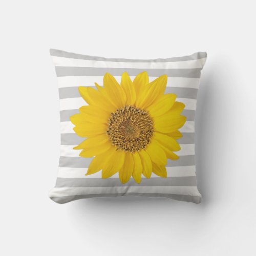 Yellow Sunflower on White and Gray Stripes Throw Pillow