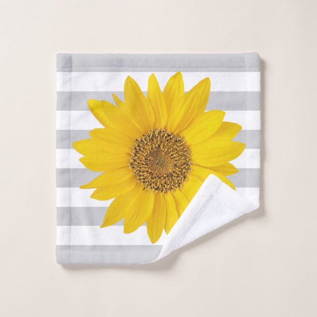 Yellow Sunflower on White and Gray Stripes Wash Cloth (Wash Cloth)
