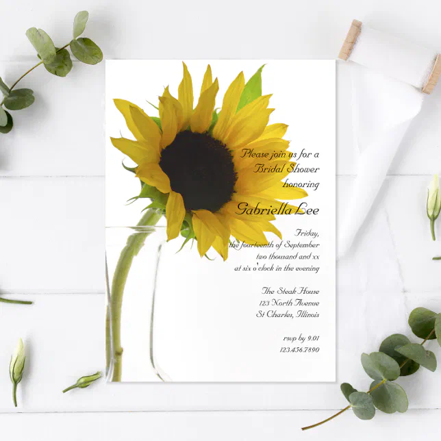 Yellow Sunflower on White Bridal Shower Invitation | Zazzle