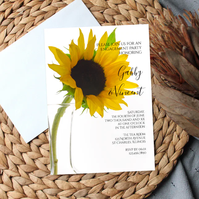 Yellow Sunflower on White Engagement Party Invitation | Zazzle