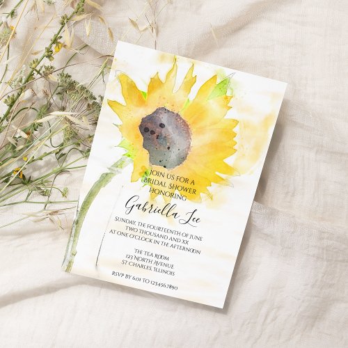 Yellow Sunflower on White Watercolor Bridal Shower Invitation