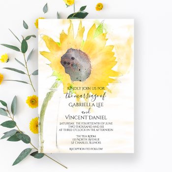 Yellow Sunflower On White Watercolor Wedding Invitation by loraseverson at Zazzle