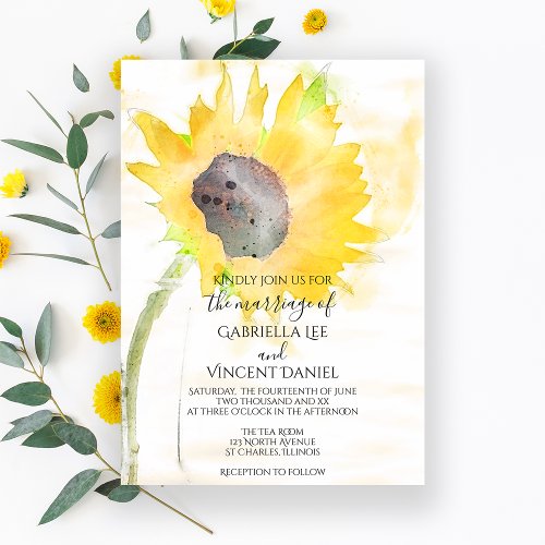Yellow Sunflower on White Watercolor Wedding Invitation