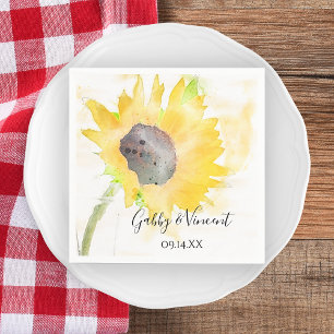 Yellow Sunflower on White Watercolor Wedding Napkins