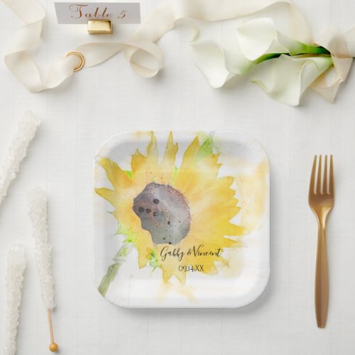 Yellow Sunflower on White Watercolor Wedding Paper Plates